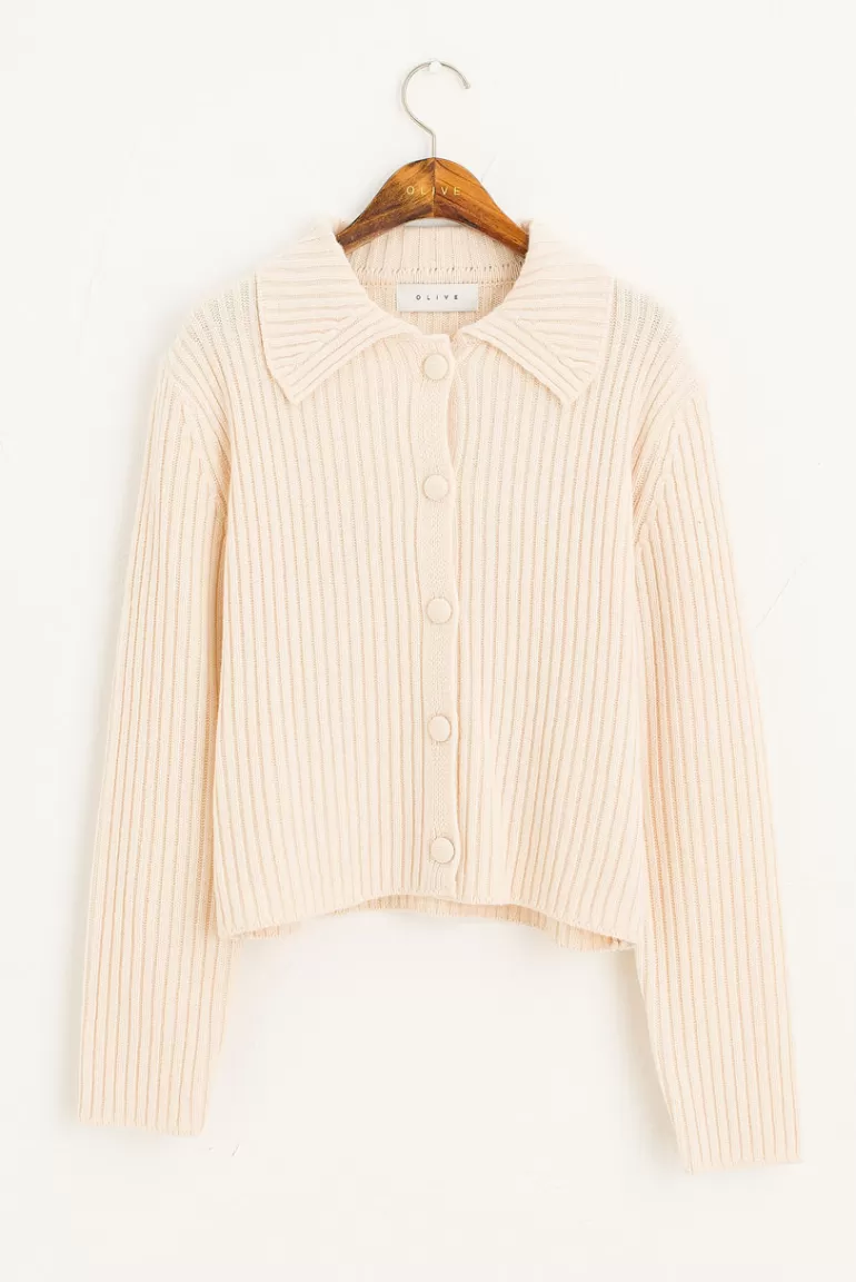 Women Olive Clothing Rona Ribbed Collar Cardigan, Ivory