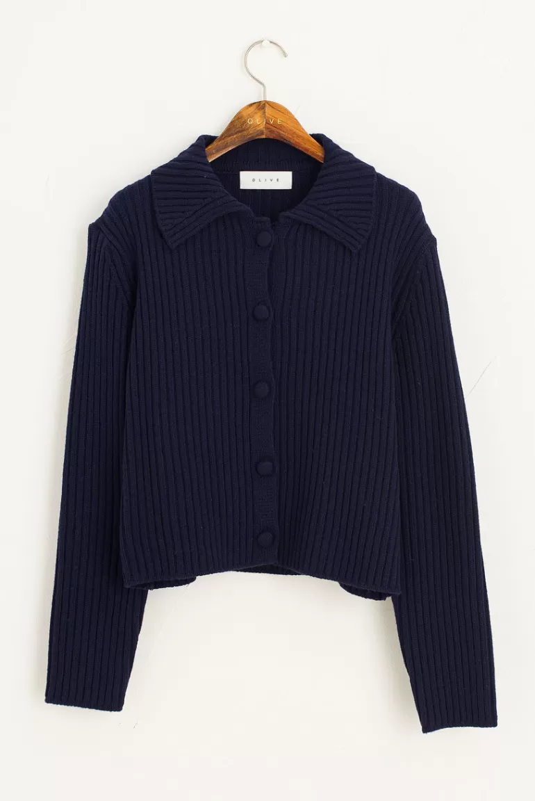 Women Olive Clothing Rona Ribbed Collar Cardigan, Navy