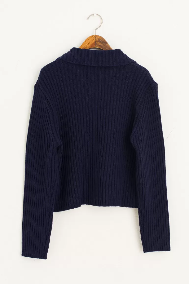 Women Olive Clothing Rona Ribbed Collar Cardigan, Navy