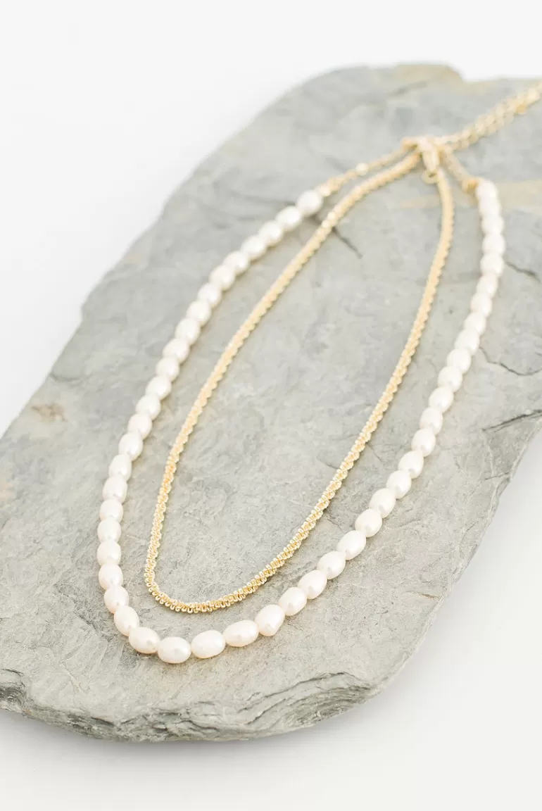 Women Olive Clothing Rosa Layered Necklace, Pearl/Gold Plated