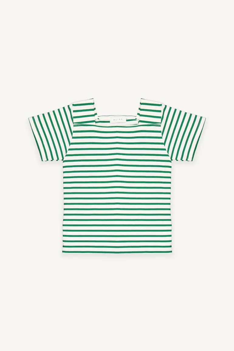Women Olive Clothing Sara Square Neck Stripe Tee, Green