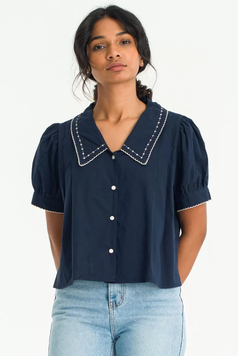 Women Olive Clothing Sasha Embroidered Blouse, Navy