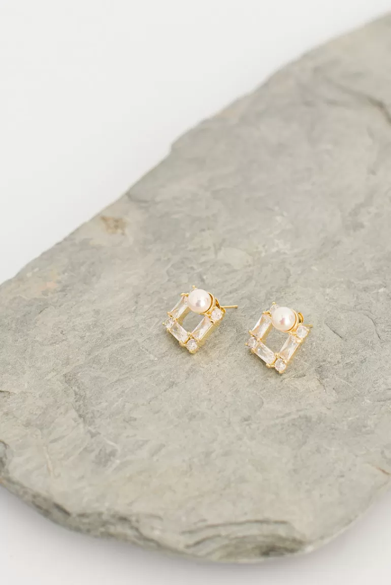 Women Olive Clothing Sasha Square Pearl Earrings, Gold Plated