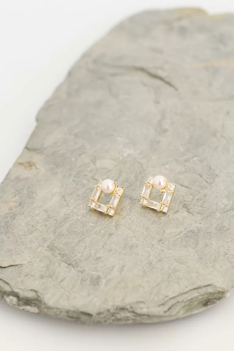 Women Olive Clothing Sasha Square Pearl Earrings, Gold Plated