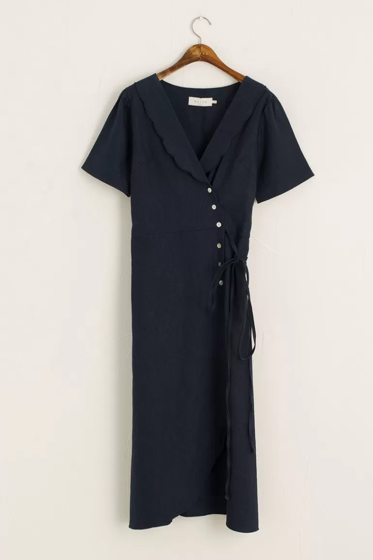 Women Olive Clothing Scollop Collar Wrap Dress, Navy