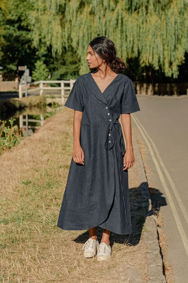 Women Olive Clothing Scollop Collar Wrap Dress, Navy