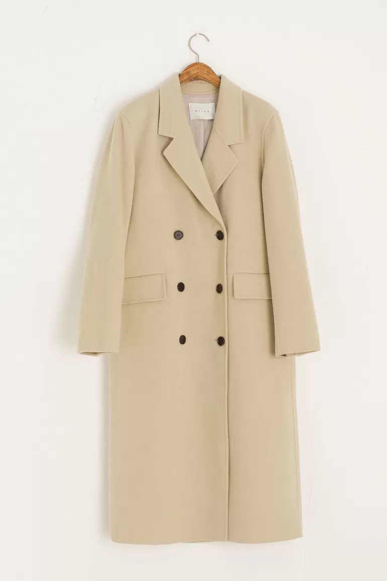 Women Olive Clothing Seamless Double Button Coat, Stone Beige