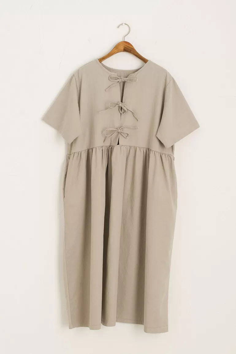 Women Olive Clothing Short Sleeve Ribbon Back Cotton Dress, Grey