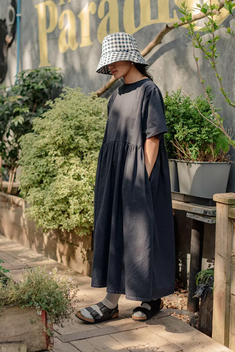 Women Olive Clothing Short Sleeve Ribbon Back Cotton Dress, Navy