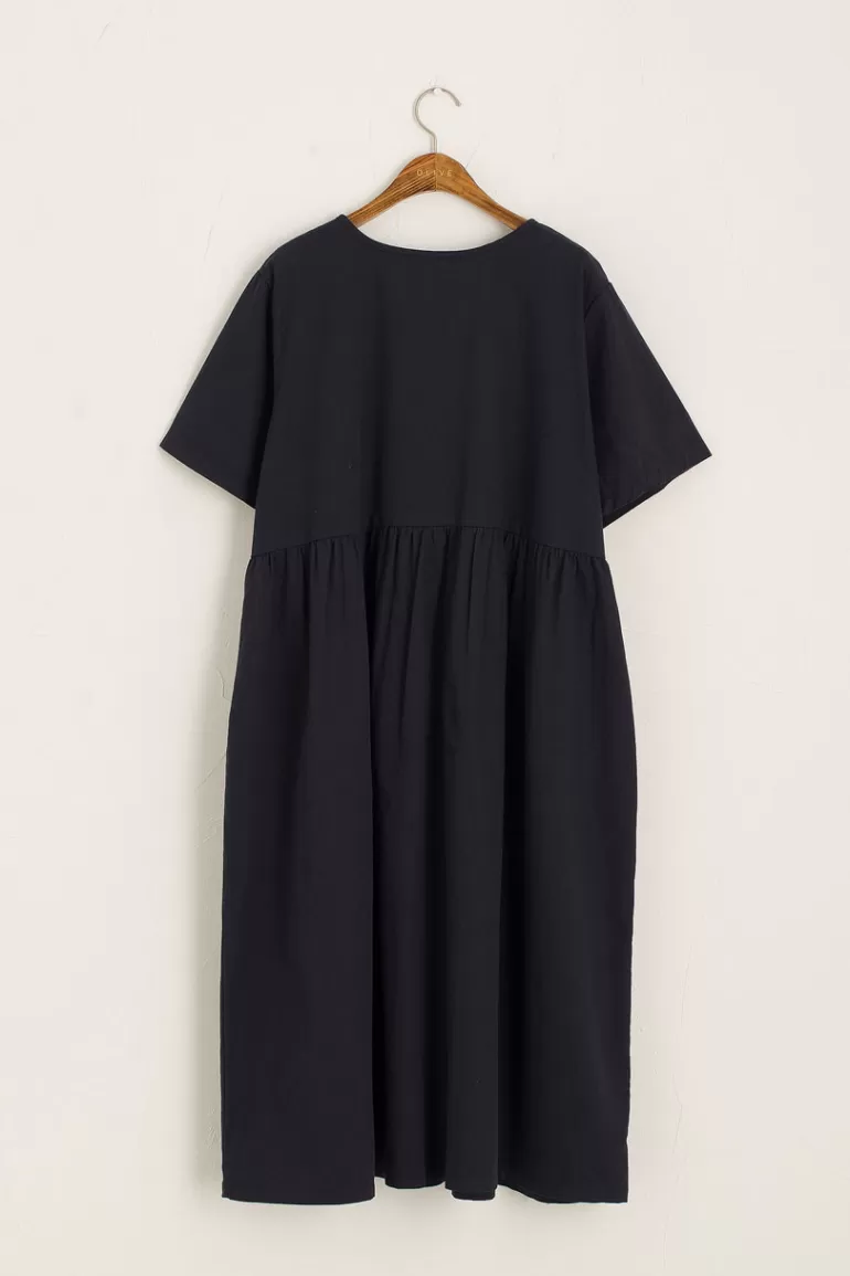 Women Olive Clothing Short Sleeve Ribbon Back Cotton Dress, Navy