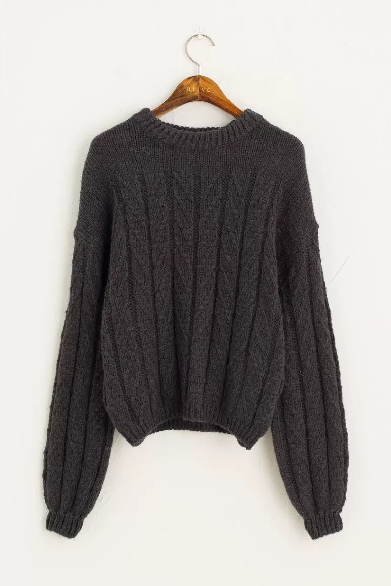Women Olive Clothing Sibu Cable Jumper, Charcoal