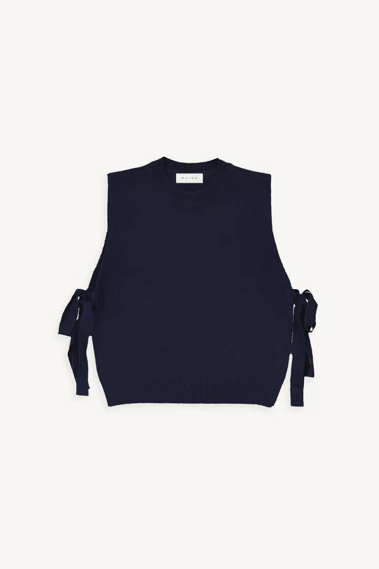 Women Olive Clothing Side Ribbon Vest, Navy