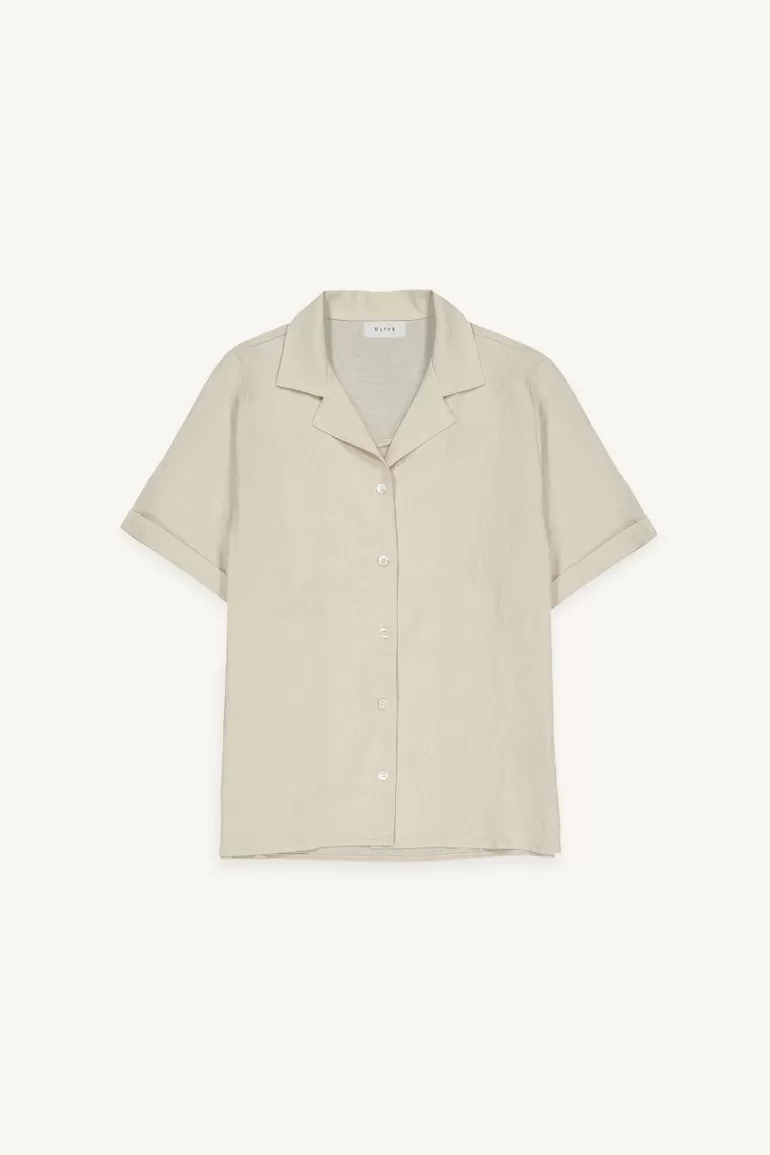Women Olive Clothing Simple Camp Collar Shirt, Beige