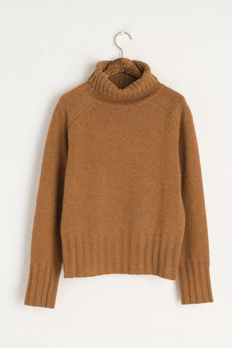 Women Olive Clothing Simple Roll Neck Jumper, Camel