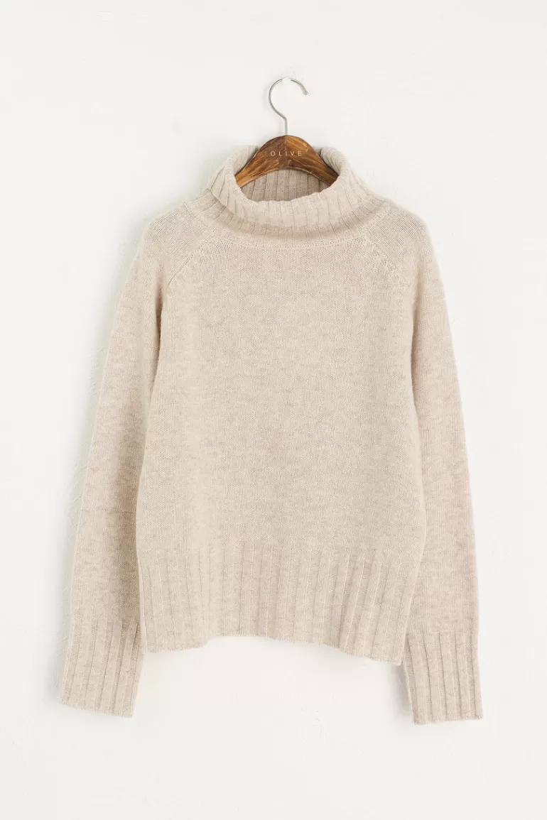 Women Olive Clothing Simple Roll Neck Jumper, Oatmeal
