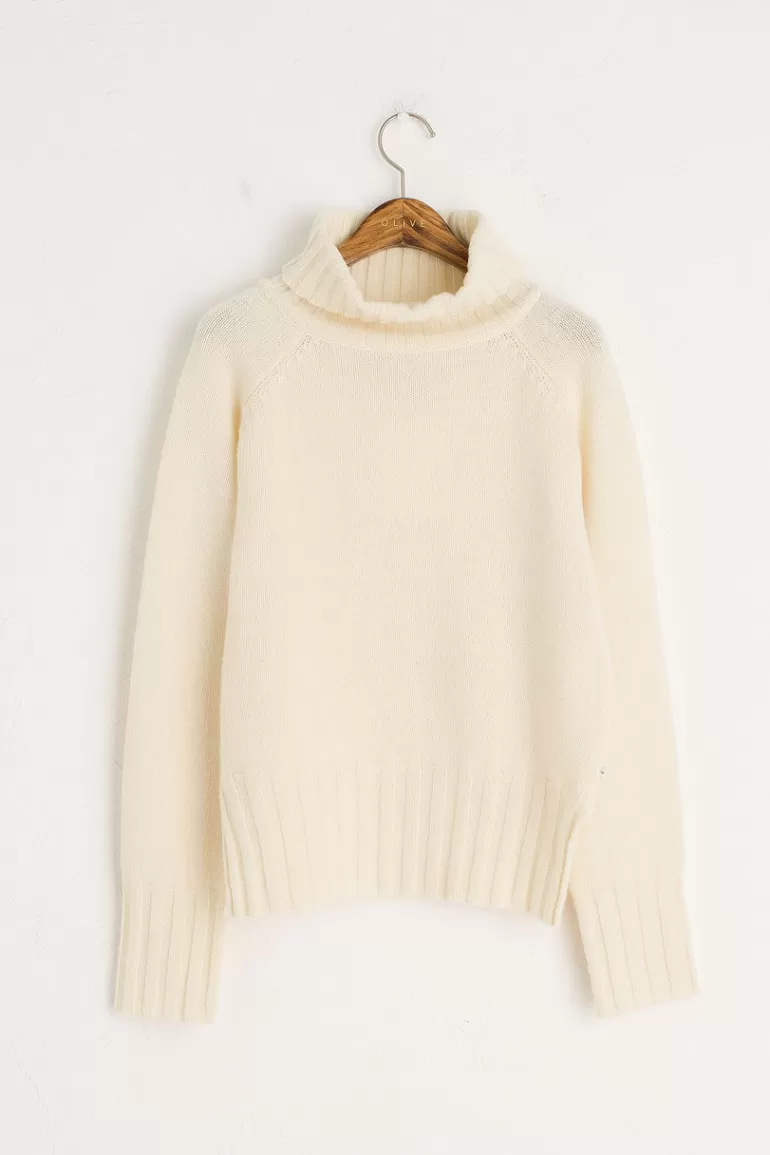 Women Olive Clothing Simple Roll Neck Jumper, Y.Ivory