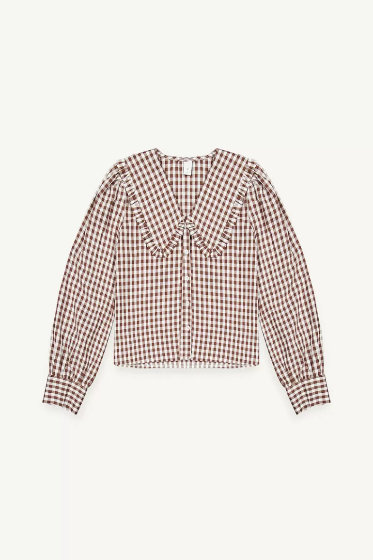 Women Olive Clothing Soi Frill Collar Gingham Blouse, Brown