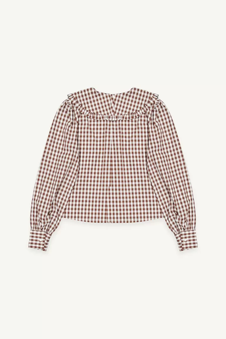 Women Olive Clothing Soi Frill Collar Gingham Blouse, Brown