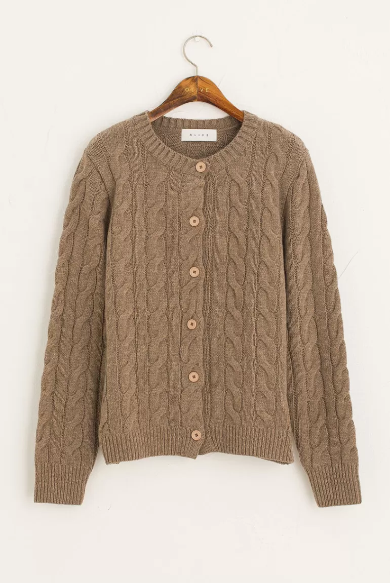 Women Olive Clothing Soma Colour Cable Cardigan, Brown