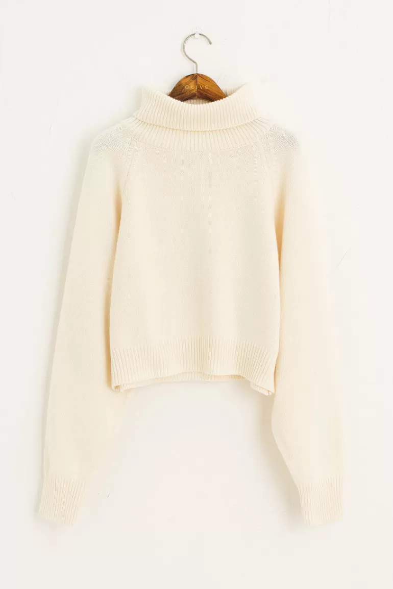 Women Olive Clothing Soya Crop Roll Neck Jumper, Ivory