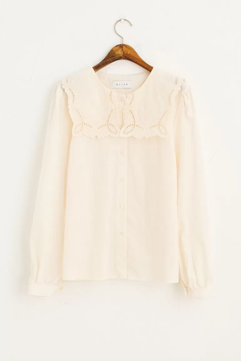 Women Olive Clothing Square Lace Collar Blouse, Cream