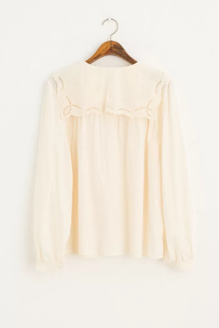 Women Olive Clothing Square Lace Collar Blouse, Cream