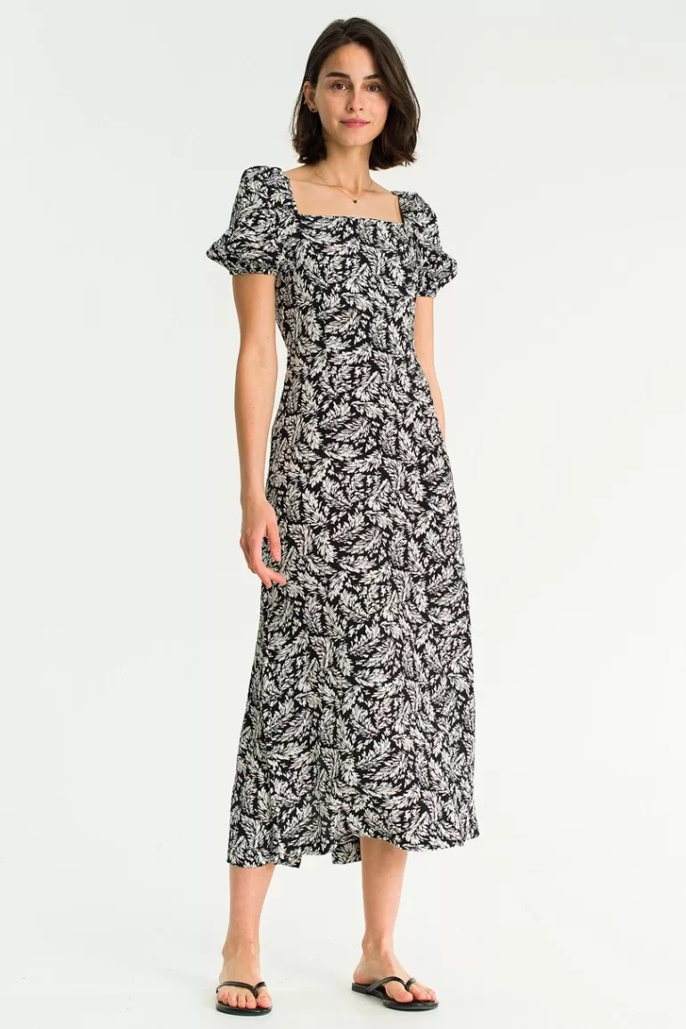 Women Olive Clothing Square Neck Leaf Print Dress, Black
