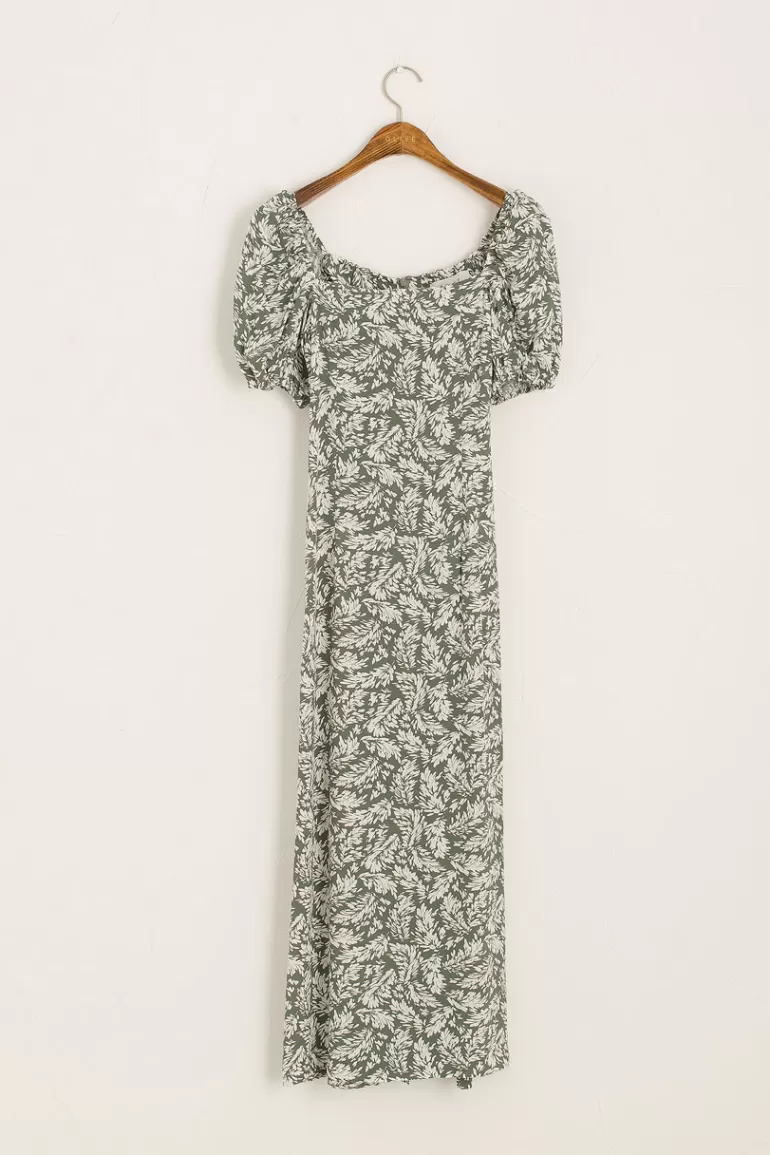 Women Olive Clothing Square Neck Leaf Print Dress, Green