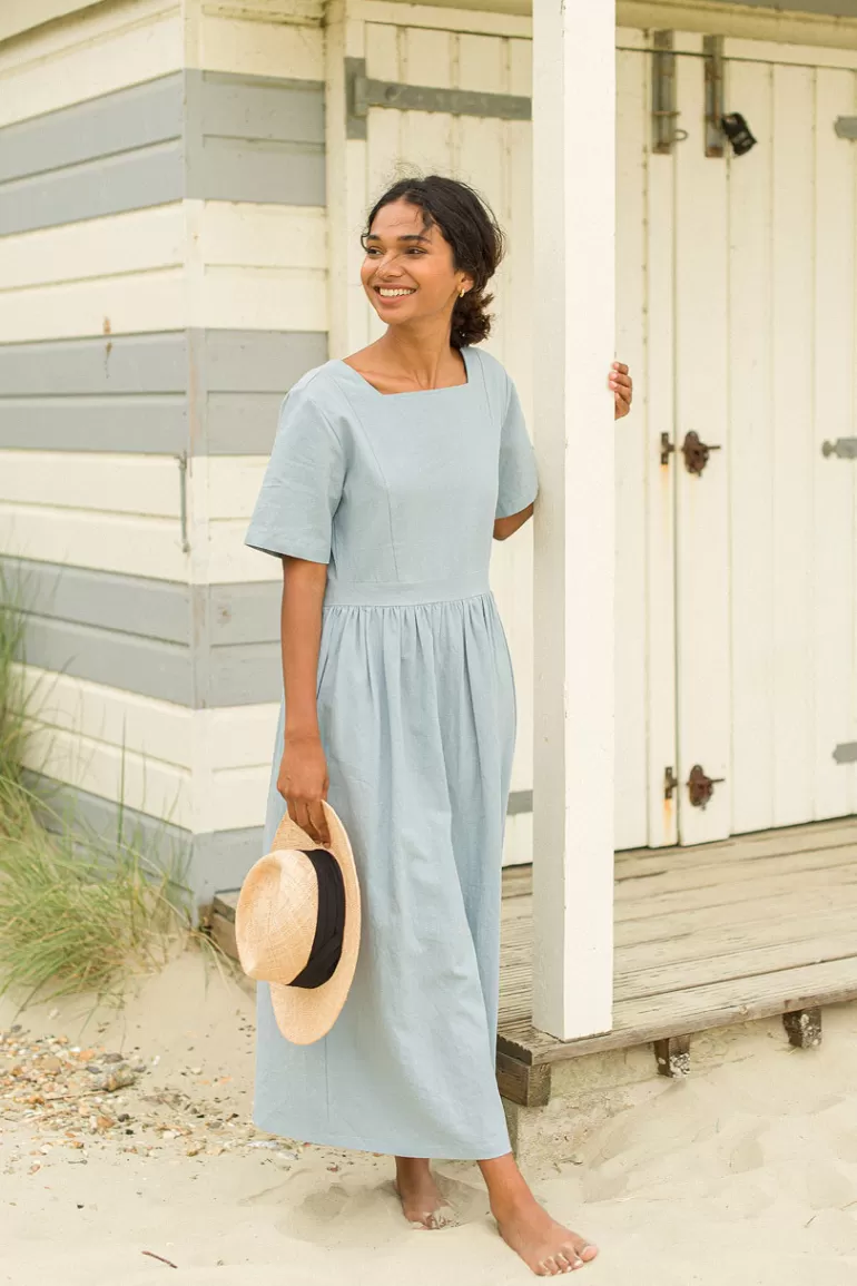 Women Olive Clothing Square Neck Linen Dress, Blue
