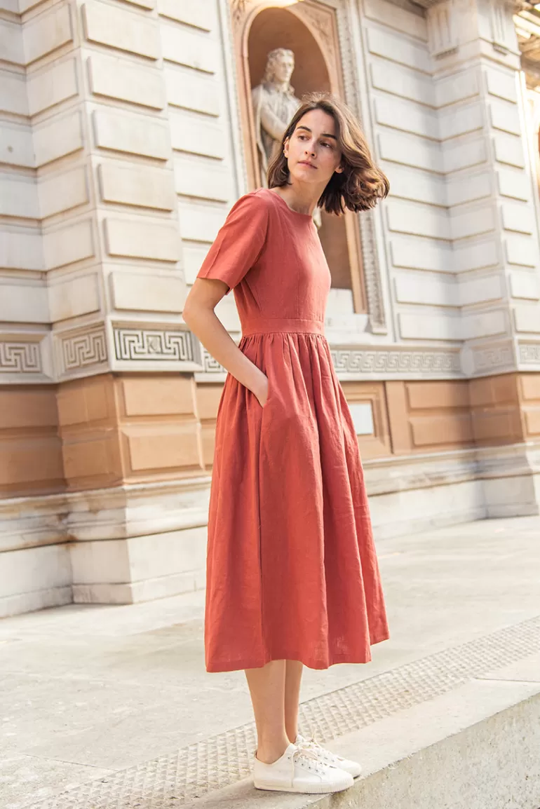Women Olive Clothing Square Neck Linen Dress, Brick