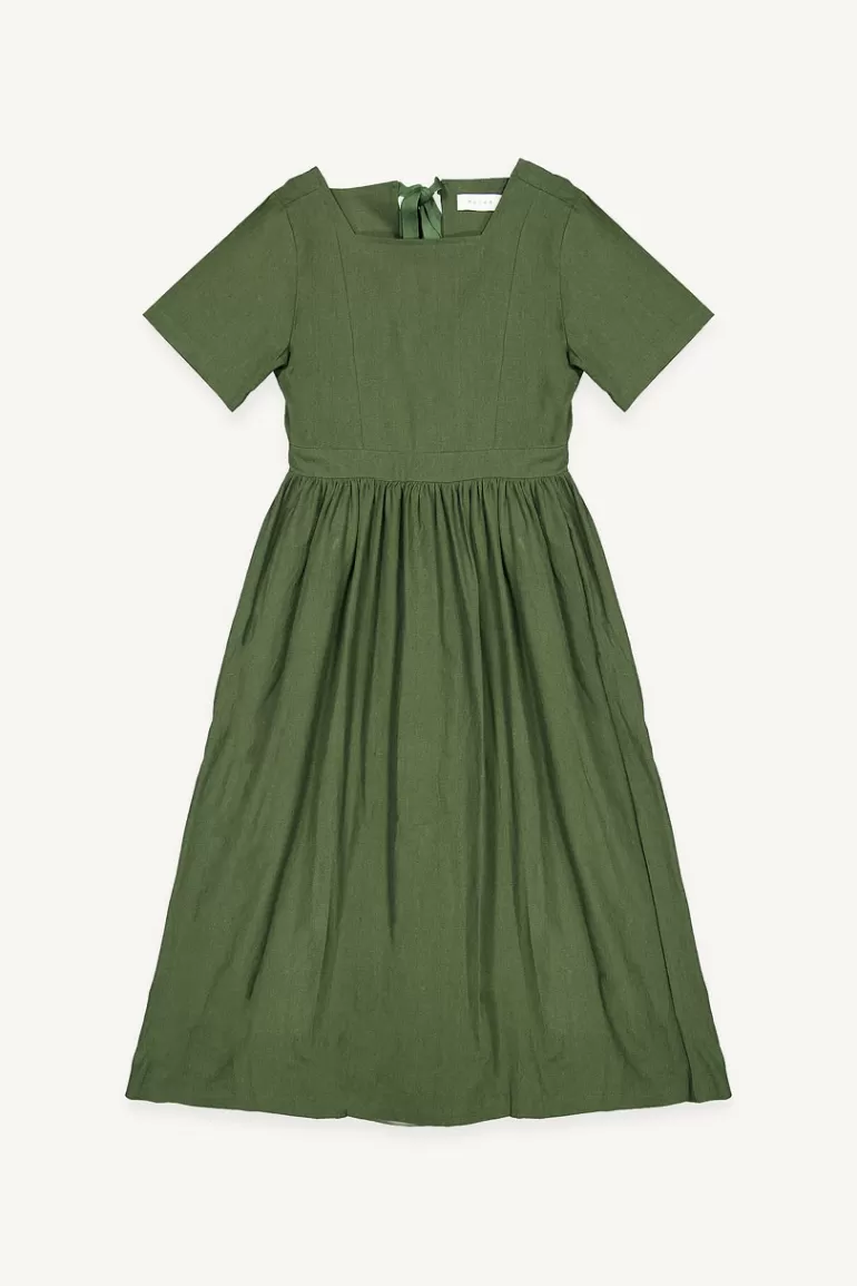 Women Olive Clothing Square Neck Linen Dress, Green