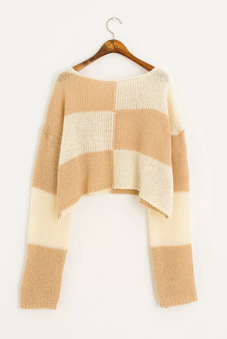 Women Olive Clothing Square Patterned Boat Neck Jumper, Beige