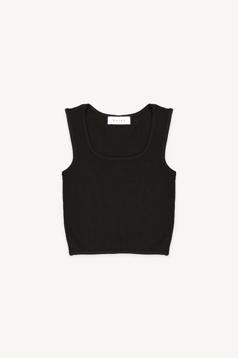 Women Olive Clothing Square Waffle Sleeveless Tee, Black