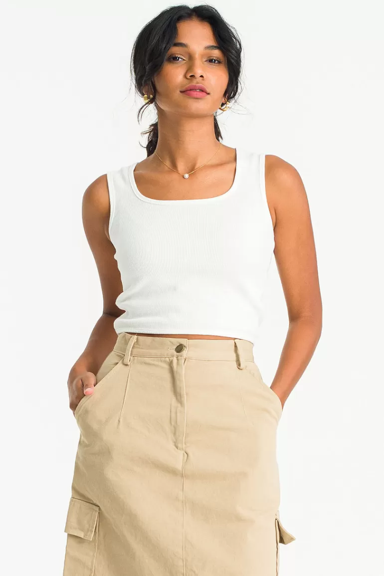 Women Olive Clothing Square Waffle Sleeveless Tee, Ivory