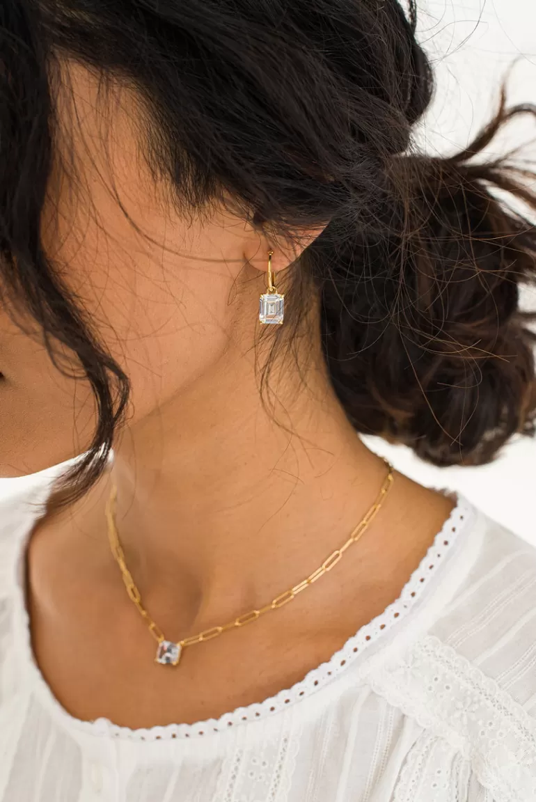 Women Olive Clothing Stella Square Crystal Earrings, 14K Gold Plated