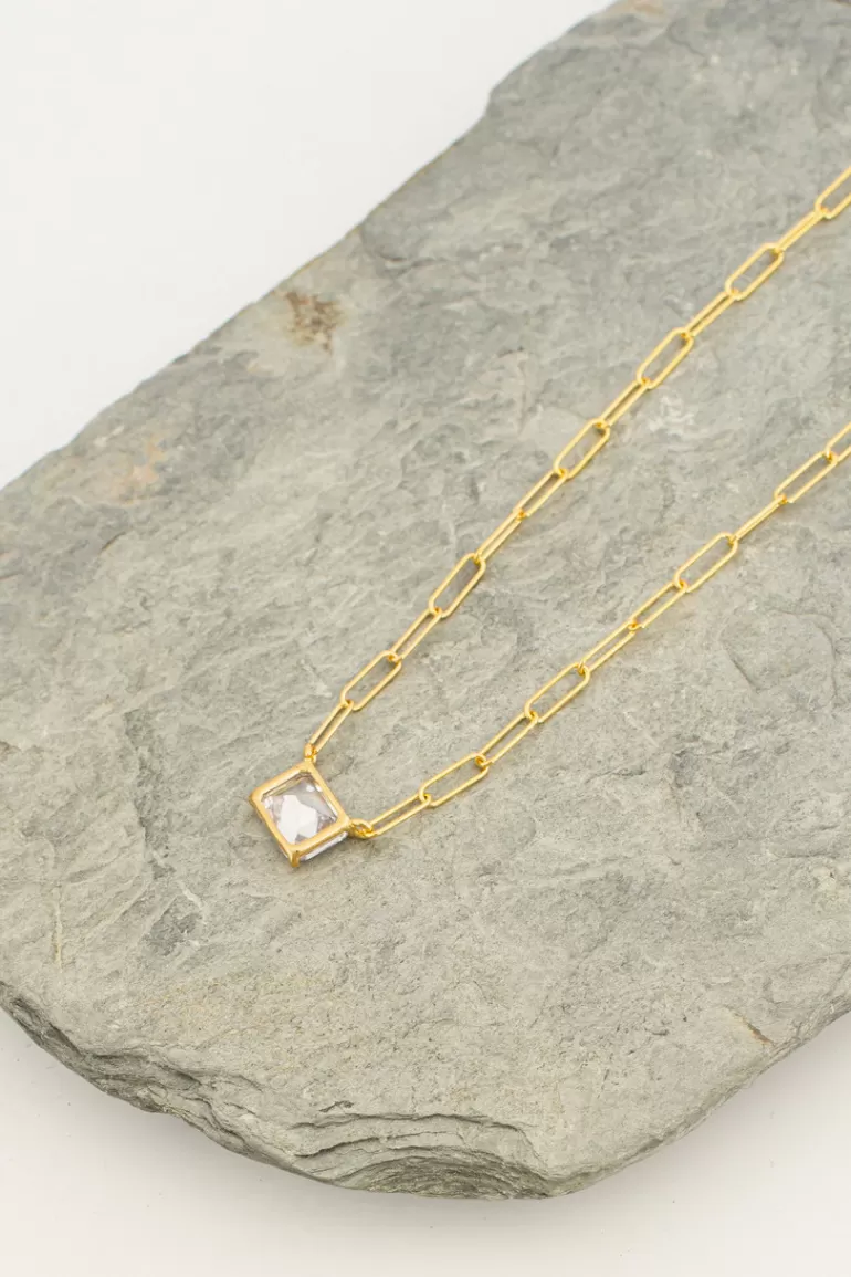 Women Olive Clothing Stella Square Crystal Necklace, 14K Gold Plated