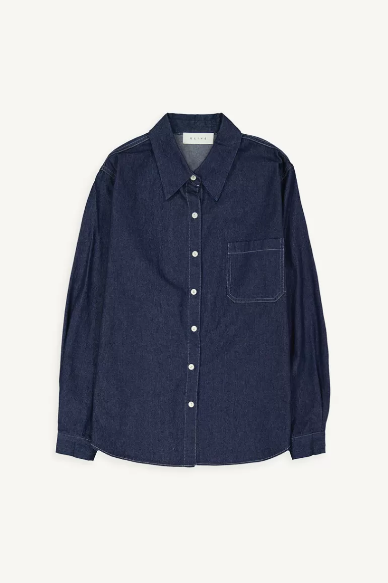 Women Olive Clothing Stitch Point Denim Shirt, Indigo