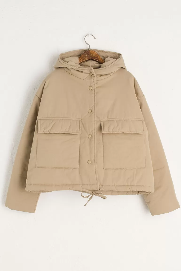 Women Olive Clothing String Padded Jacket, Beige