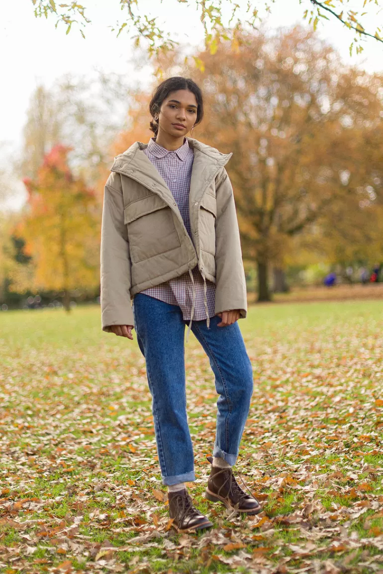 Women Olive Clothing String Padded Jacket, Beige