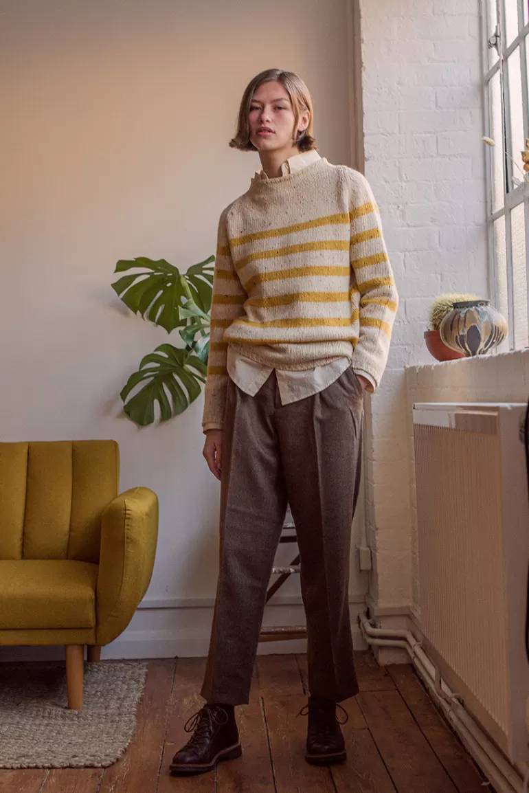 Women Olive Clothing Stripe Boucle Boat Neck Jumper, Ivory/Mustard