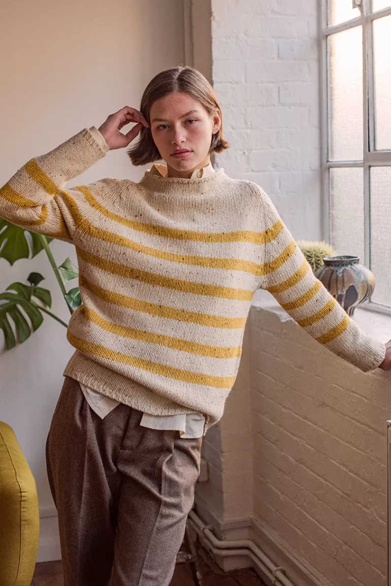 Women Olive Clothing Stripe Boucle Boat Neck Jumper, Ivory/Mustard
