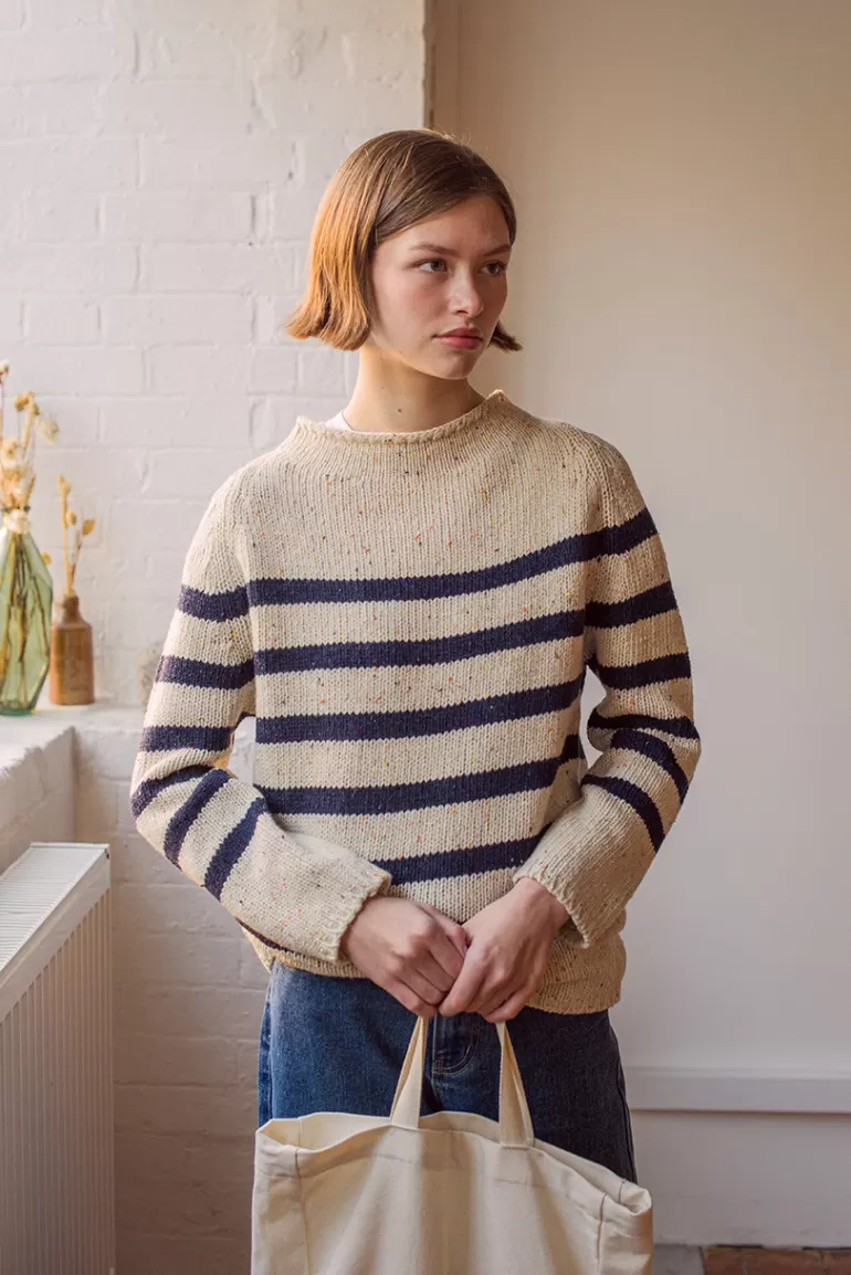 Women Olive Clothing Stripe Boucle Boat Neck Jumper, Ivory/Navy