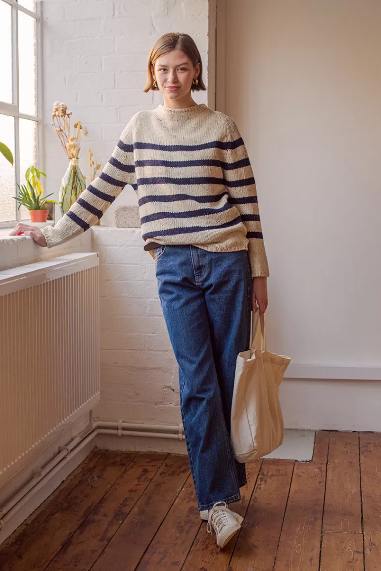 Women Olive Clothing Stripe Boucle Boat Neck Jumper, Ivory/Navy