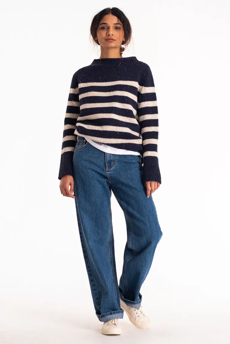 Women Olive Clothing Stripe Boucle Boat Neck Jumper, Navy/Ivory