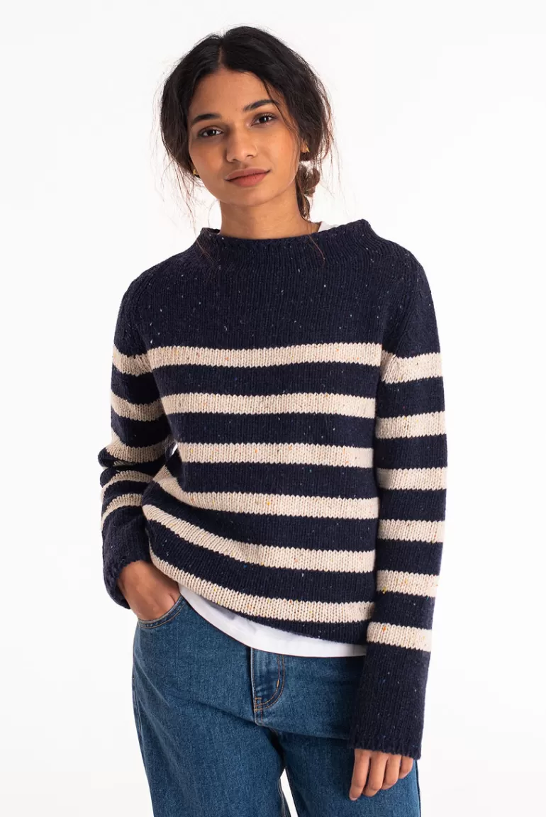 Women Olive Clothing Stripe Boucle Boat Neck Jumper, Navy/Ivory
