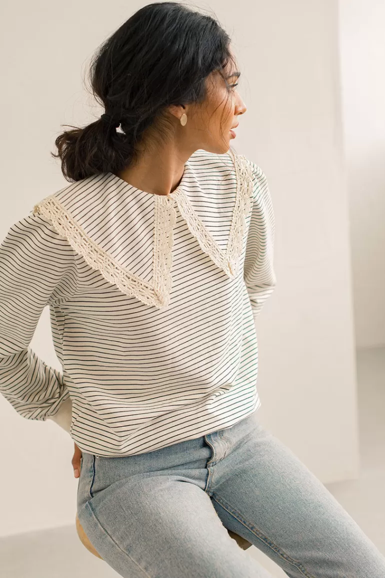Women Olive Clothing Stripe Crochet Collar Sweatshirt, Navy