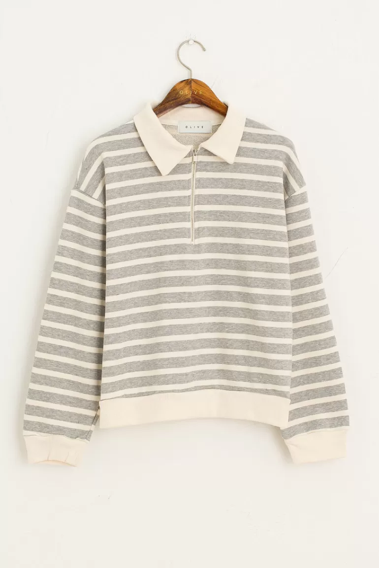 Women Olive Clothing Stripe Zip Up Sweat, Grey