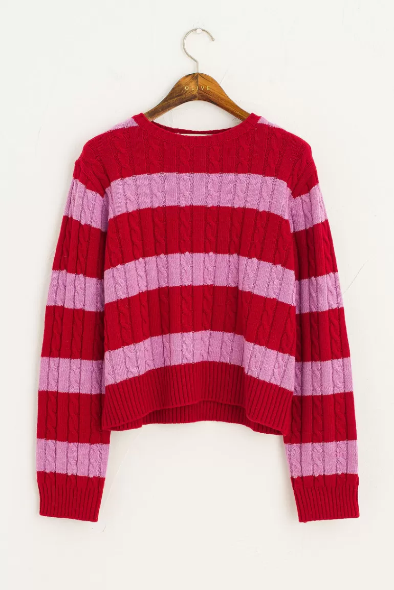 Women Olive Clothing Striped Cable Jumper, Red