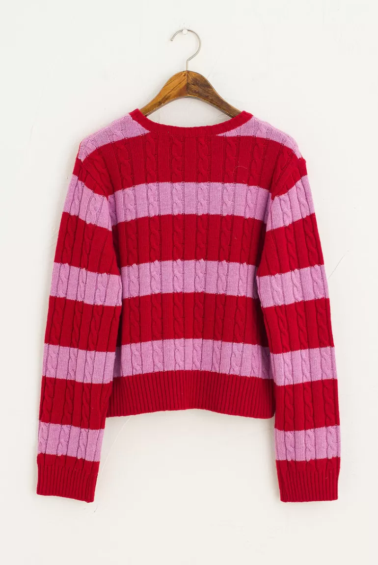 Women Olive Clothing Striped Cable Jumper, Red