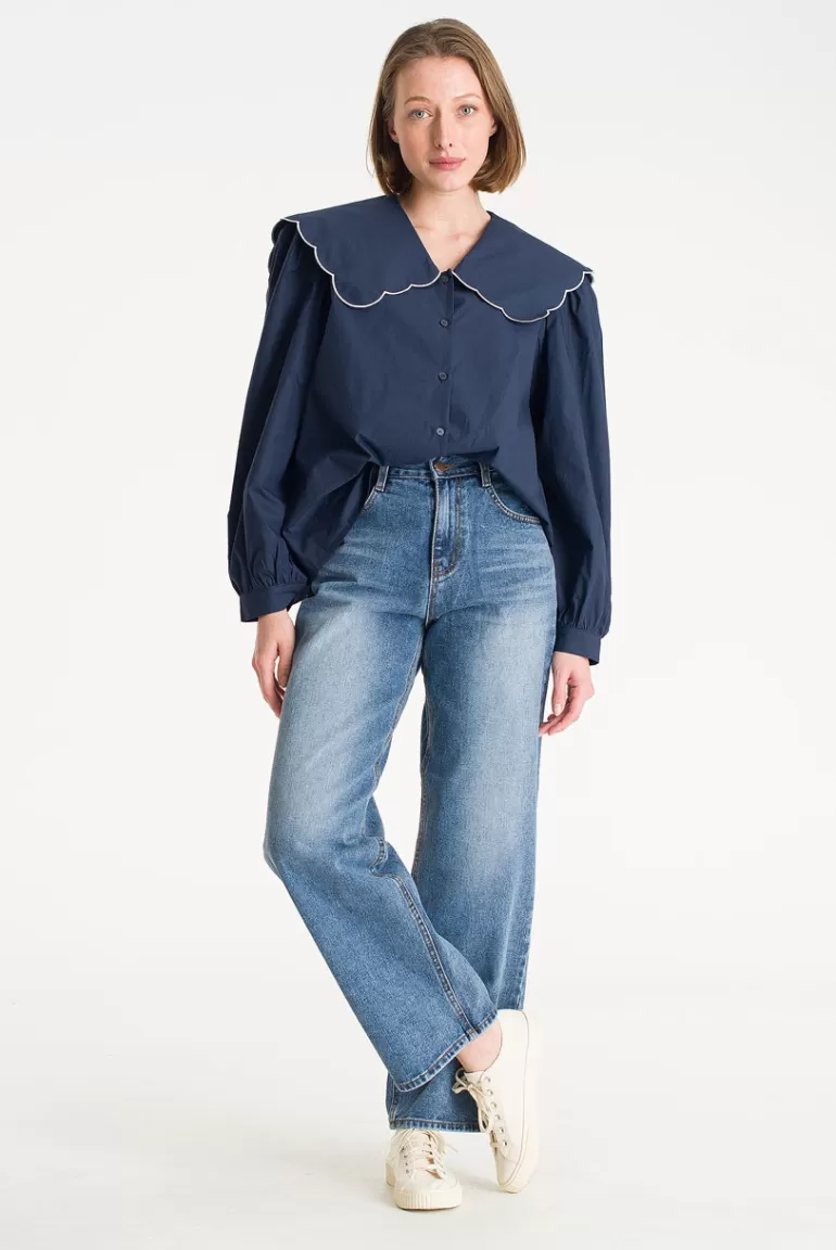 Women Olive Clothing Suku Collar Blouse, Navy